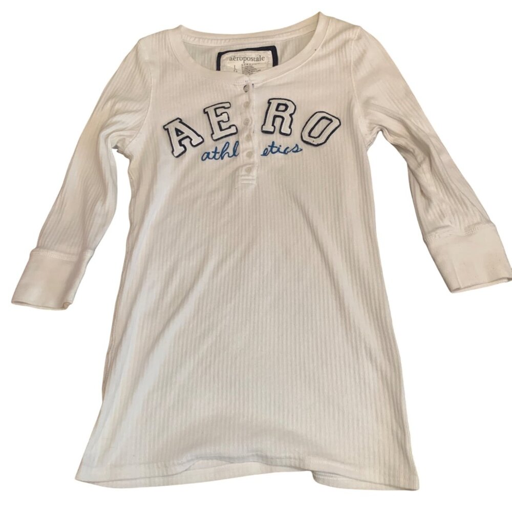 Vintage Aereopostal Women’s Henley White Spelled Out 1/4 Button-down Sz L Y2K